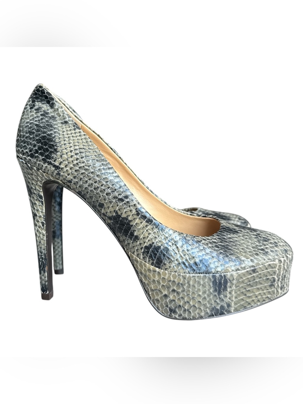 Diane Von Furstenberg Snake-Print Platform Stiletto Pumps in Gray and Black 8.5